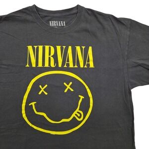 Nirvana Graphic T-Shirt Smiley Face Retro Concert Band Tee Black Mens XL